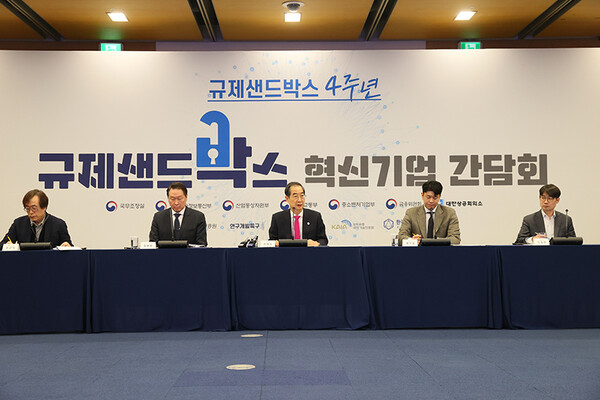 지난 2월 15일 대한상공회의소에서 한덕수 국무총리 주재로 ‘규제샌드박스 혁신기업 간담회’가 진행되고 있다.(사진=국무조정실)