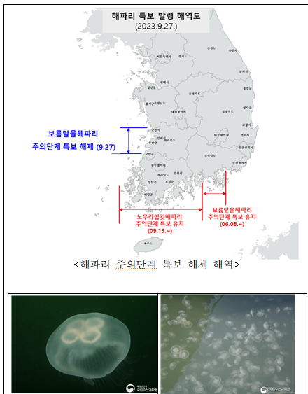 해파리 주의특보 해제 해역 및 보름달물해파리 사진
