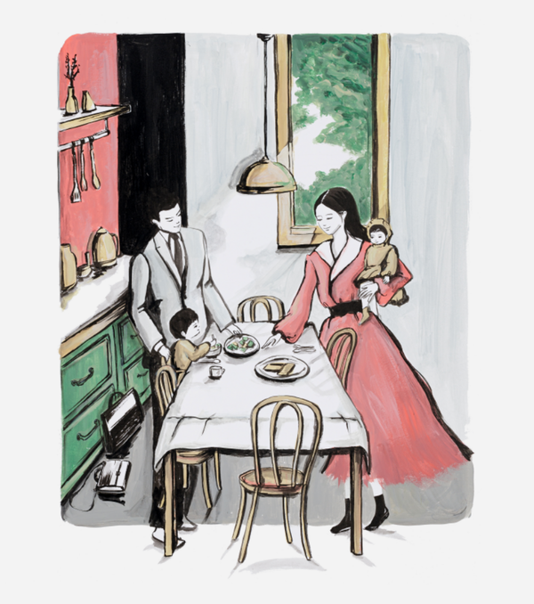 자이언제이, 일상_아침, 분주하고 행복한 동행 Everyday Life_Morning, Busy Yet Blissful Companionship, 2024, Ink and Acrylic on Paper, 72.7x60.6cm