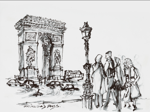 자이언제이, 여행_ 개선문과 사람들 Arc de Triomphe and People, 2022, Ink on paper, 22.7x30.5cm