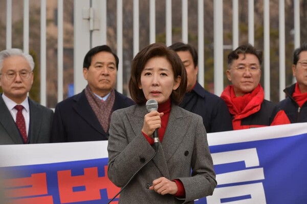 나경원 국민의힘 의원이 2월 16일 윤석열 대통령 탄핵반대 울산시민대회 현장에서 연설하고 있다. (사진=나경워 페이스북)