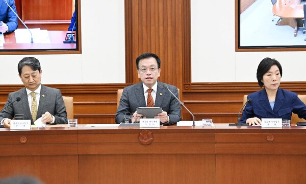 최상목 대통령 권한대행 부총리 겸 기획재정부 장관이 3월 19일 정부서울청사에서 '국정현안관계장관회의 겸 경제관계장관회의 겸 산업경쟁력강화관계장관회의'를 주재하고 있다. 왼쪽은 안덕근 통상산업자원부 장관. (사진=기재부) 