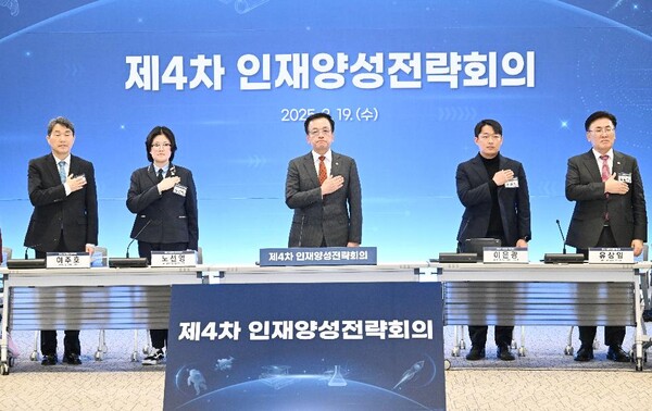 최상목 대통령 권한대행 부총리 겸 기획재정부 장관이 3월 19일 오후 서울 성북구 고려대학교에서 열린 '제4차 인재양성전략회의'에 참석, 국민의례를 하고 있다. (사진=기재부)