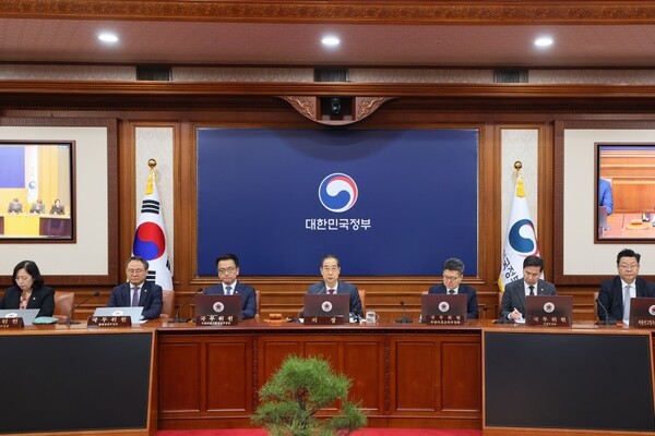 한덕수 대통령 권한대행 국무총리가 14일 세종대로 정부서울청사에서 국무회의를 주재하면서 모두발언을 하고 있다. [사진=국무조정실]