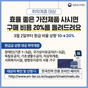 [정부지원정책] 취약계층 대상 효율 좋은 가전제품 사면 구매 비용 20% 돌려 드려요!